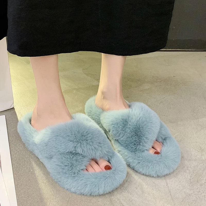 2020 Winter Women Slippers Faux Fur Fully Wrapped Sole Vamp Furry Slippers Black Female Warm Flats Large Size Slides Cozy Home