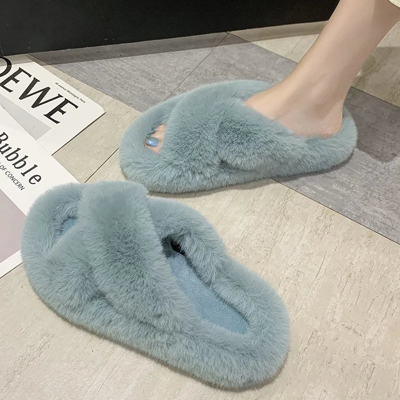 2020 Winter Women Slippers Faux Fur Fully Wrapped Sole Vamp Furry Slippers Black Female Warm Flats Large Size Slides Cozy Home