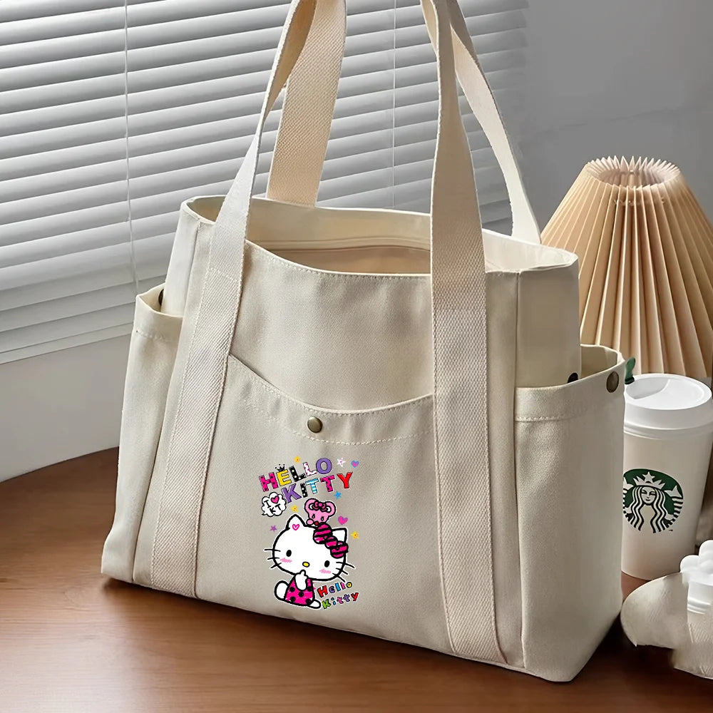 Hello Kitty Large Capacity Canvas Tote Bags Work Commuting Carrying Bag College Style Student Outfit Book Shoulder Shopping Bag