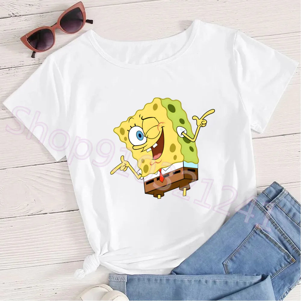 Summer Cartoon Spongebob T Shirt O-Neck Aesthetics TShirt Print Casual Short Sleeve Streetwear Harajuku Women Top Clothes