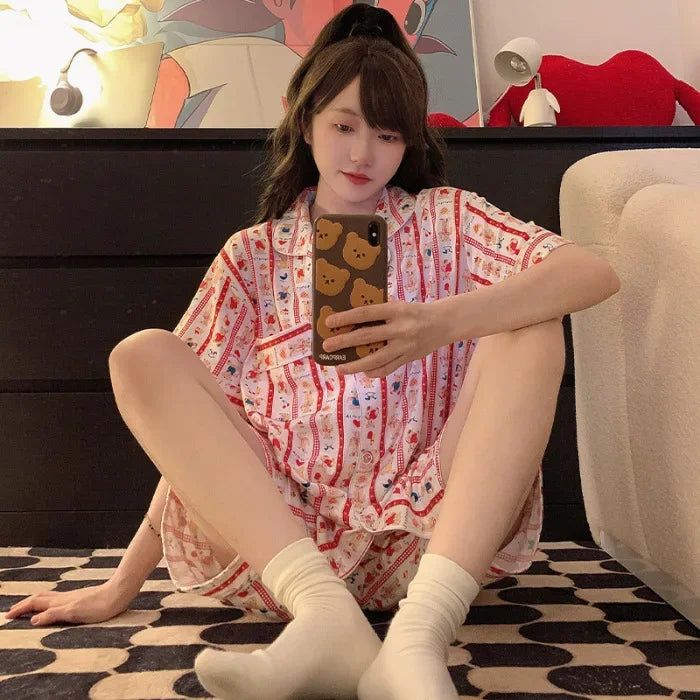 150kg Plus Size Ins Cartoon Pajamas Set Korean Student Summer Internet Celebrity Girl Short Sleeve Shorts Thin Loose Homewear