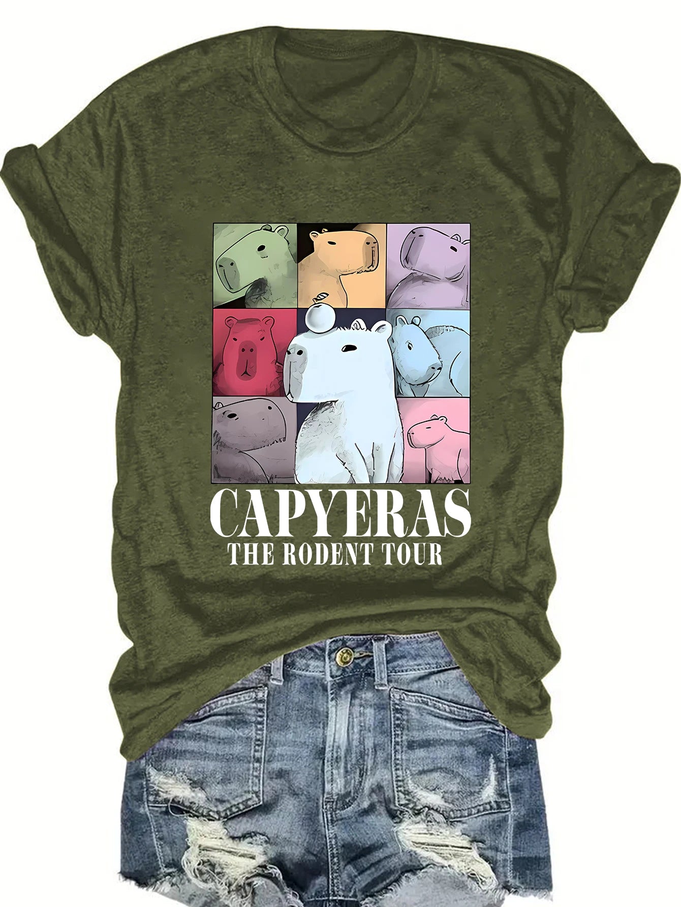 Capyeras funny cute Capybara color concert tour cute animal print women's casual short-sleeved crewneck T-shirt