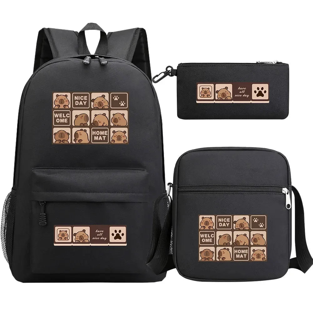 Cute Capybara 3Pcs Boy Girl Kids Back To School Book Bags Travel Student Backpack Shoulder Bag Pen Bags For Men Women