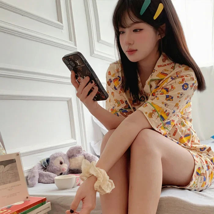 150kg Plus Size Ins Cartoon Pajamas Set Korean Student Summer Internet Celebrity Girl Short Sleeve Shorts Thin Loose Homewear