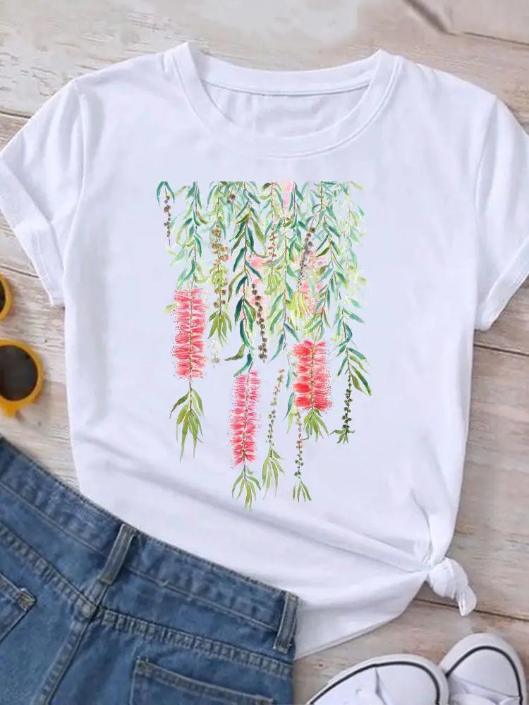 Graphic T Shirt Casual Clothing Summer Short Sleeve Cute Lovely Sweet Flower Women Print Fashion Clothes Tee T-shirt Female Top