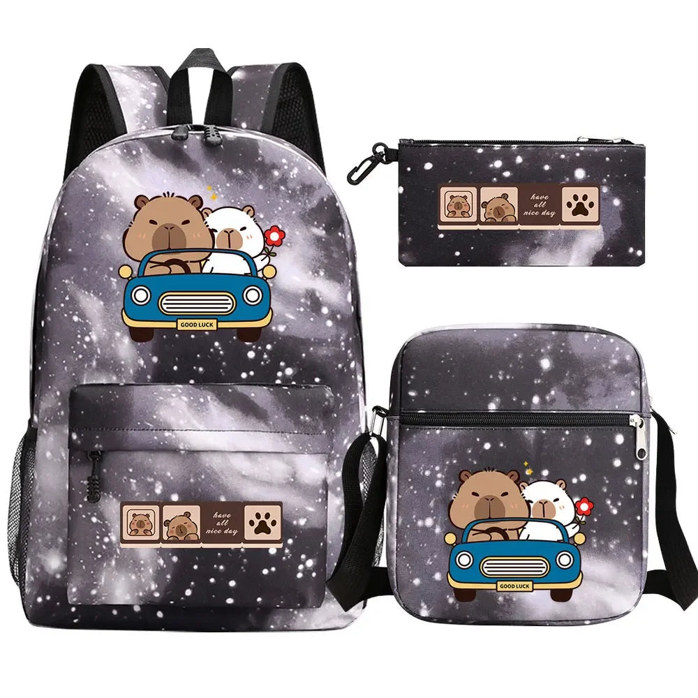 Cute Capybara 3Pcs Boy Girl Kids Back To School Book Bags Travel Student Backpack Shoulder Bag Pen Bags For Men Women