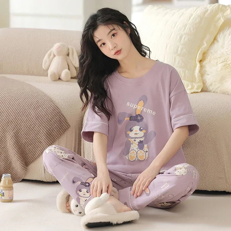 New Pajama Cartoon Cotton Pajamas for Women Summer Short Sleeved Long Pants Sleepwear Korean Fashion Rabbit Print Home Clothing