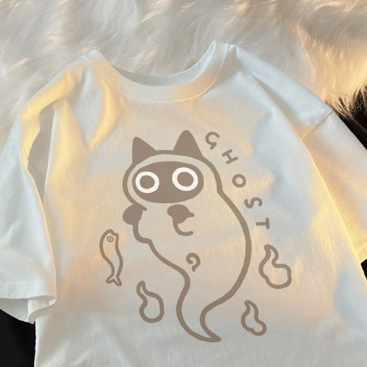 Ghost Cat Loose Short Sleeved T-shirt for Women Original Japanese Fashion Brand Couple Pure Cat Transparent Ghost Cat