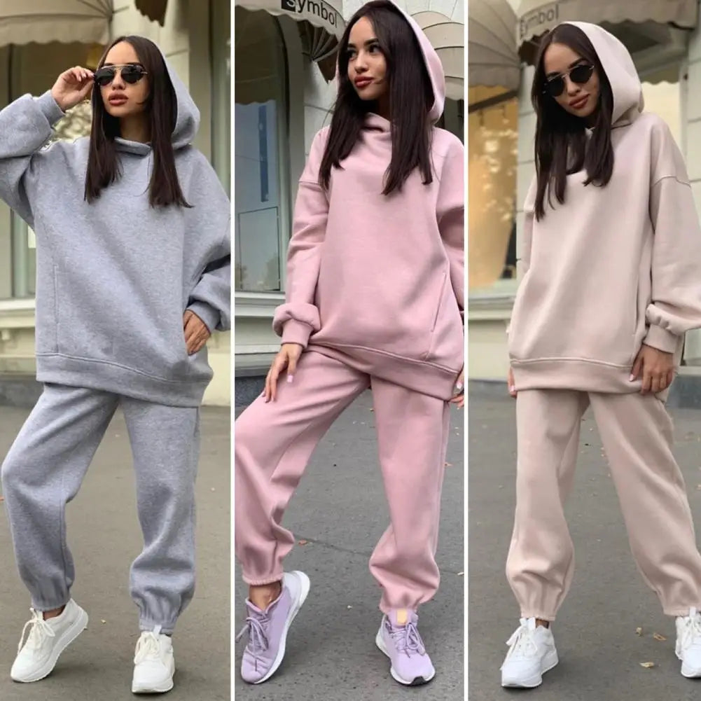 Trendy Lady Hoodie Pants Set Sporty Winter Hoodie Pants Set Elastic Waist Deep Crotch Women Autumn Tracksuit Thermal