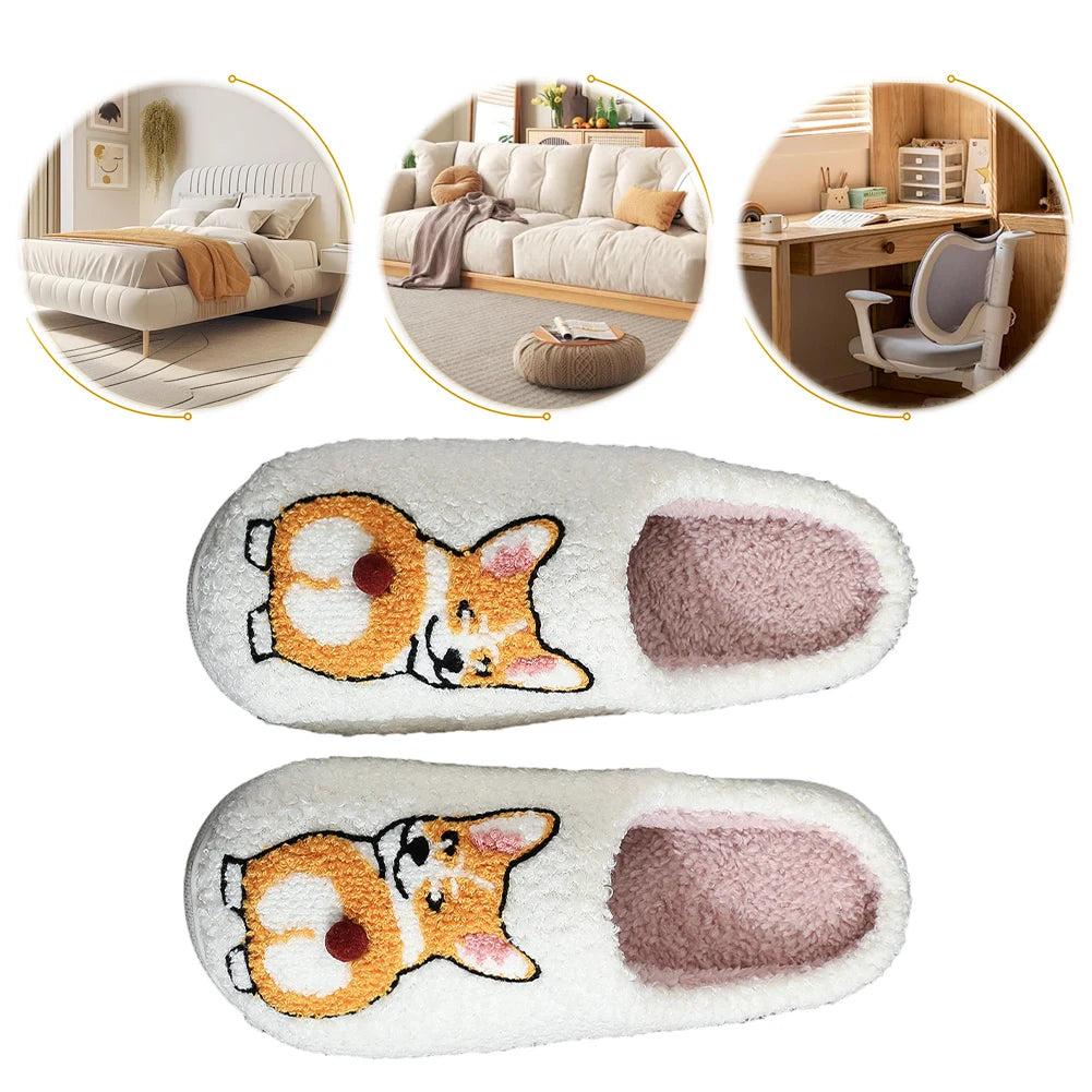 Plush Dog Slippers Closed Toe Slippers Anti Slip Cartoon Animal Slippers Comfortable Thermal Corgi Slippers for Indoor Bedroom