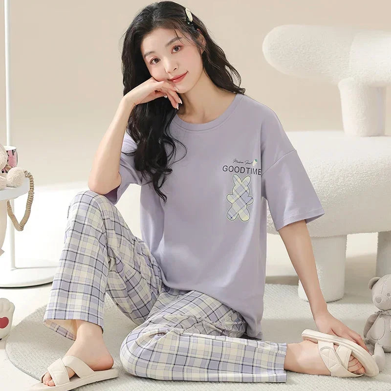 Spring Summer Women Pajamas Soft Cotton Cute Rabbit Print Pijamas Short Sleeved Plaid Pants Sleepwear Fashion Home Wear