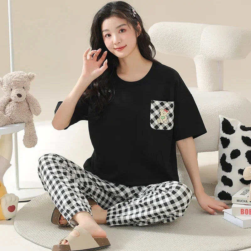 Spring Summer Women Pajamas Soft Cotton Cute Rabbit Print Pijamas Short Sleeved Plaid Pants Sleepwear Fashion Home Wear