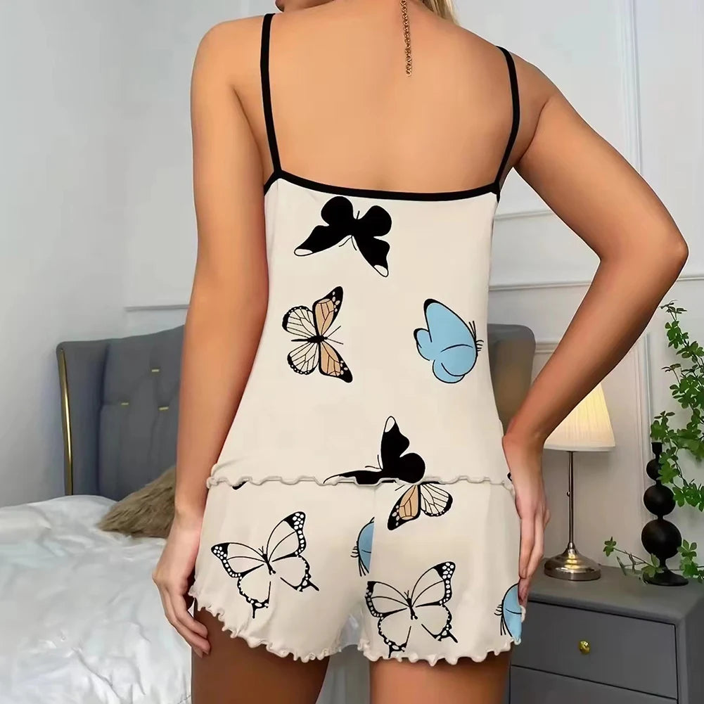 Womens Butterfly Print Pajamas Suit Comfortable Stylish Casual Soft Vest Shorts