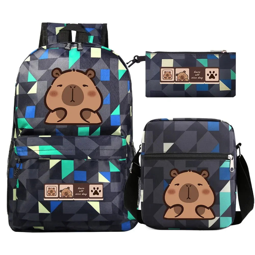 Cute Capybara 3Pcs Boy Girl Kids Back To School Book Bags Travel Student Backpack Shoulder Bag Pen Bags For Men Women