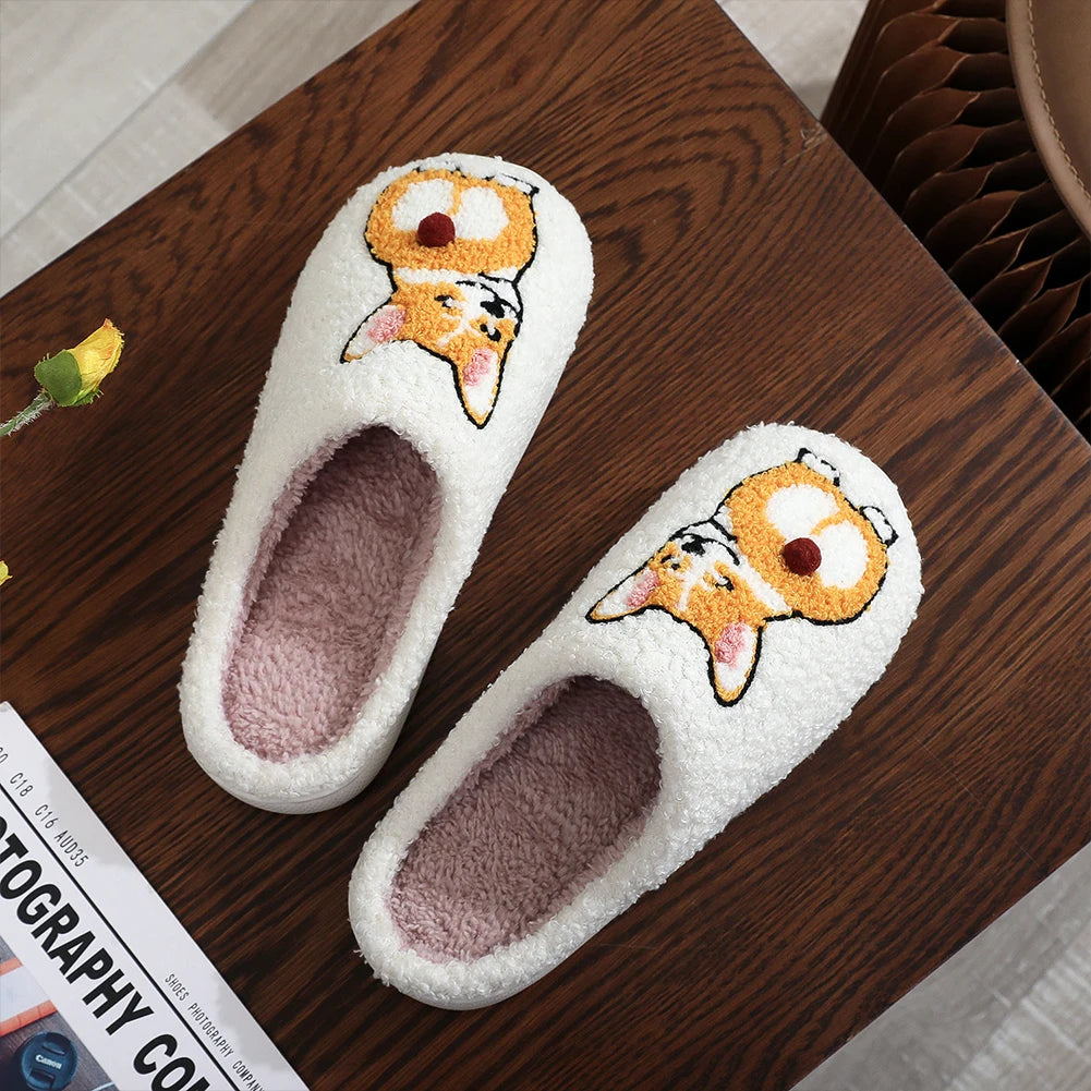 Plush Dog Slippers Closed Toe Slippers Anti Slip Cartoon Animal Slippers Comfortable Thermal Corgi Slippers for Indoor Bedroom