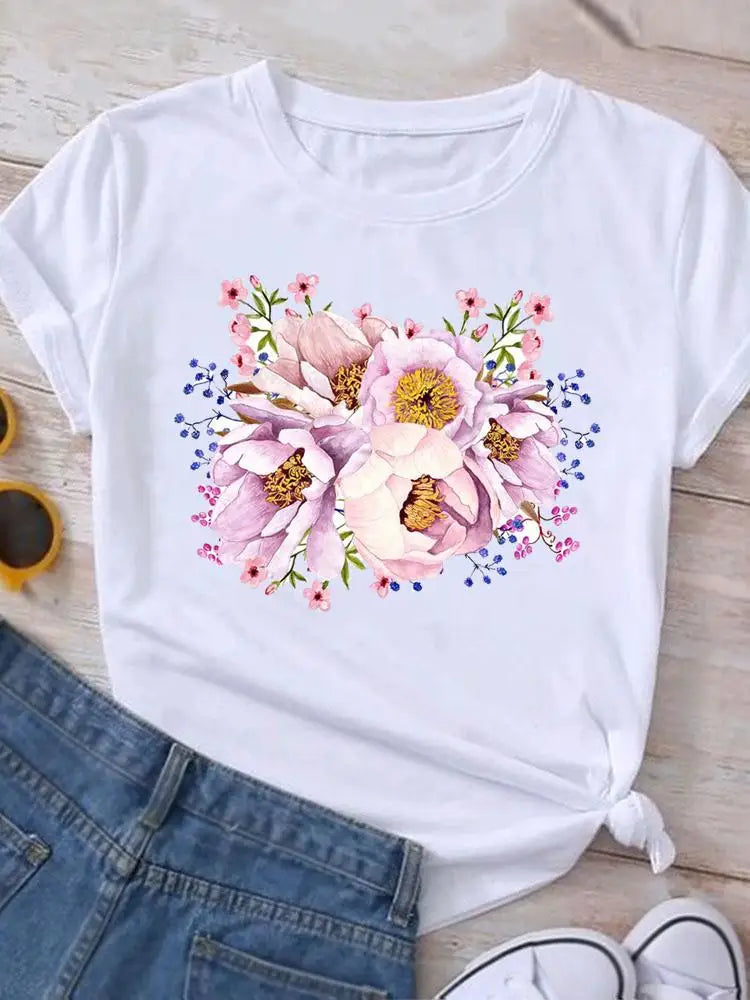 Graphic T Shirt Casual Clothing Summer Short Sleeve Cute Lovely Sweet Flower Women Print Fashion Clothes Tee T-shirt Female Top