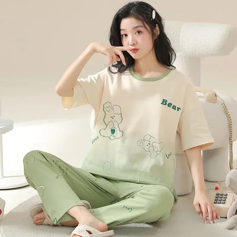 Spring Summer Women Pajamas Soft Cotton Cute Rabbit Print Pijamas Short Sleeved Plaid Pants Sleepwear Fashion Home Wear