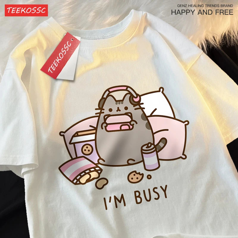 Sorry I'M Busy Cat Playing Games With Headphones Man T Shirt High Quality Brand Clothing Loose T Shirts Cotton Shirt Tops Couple