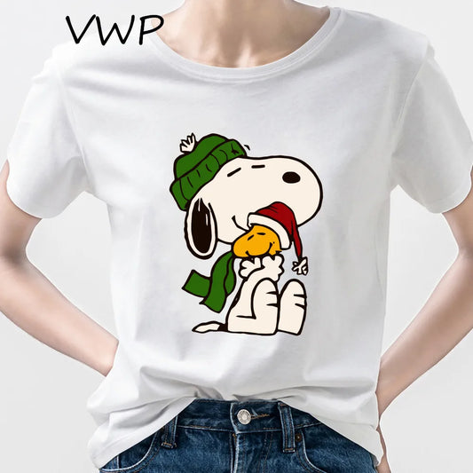 Snoopy Print Women's Classic Merry Christmas T-shirt Summer Cartoon Short Sleeve Casual Top Harajuku Women's Clothing