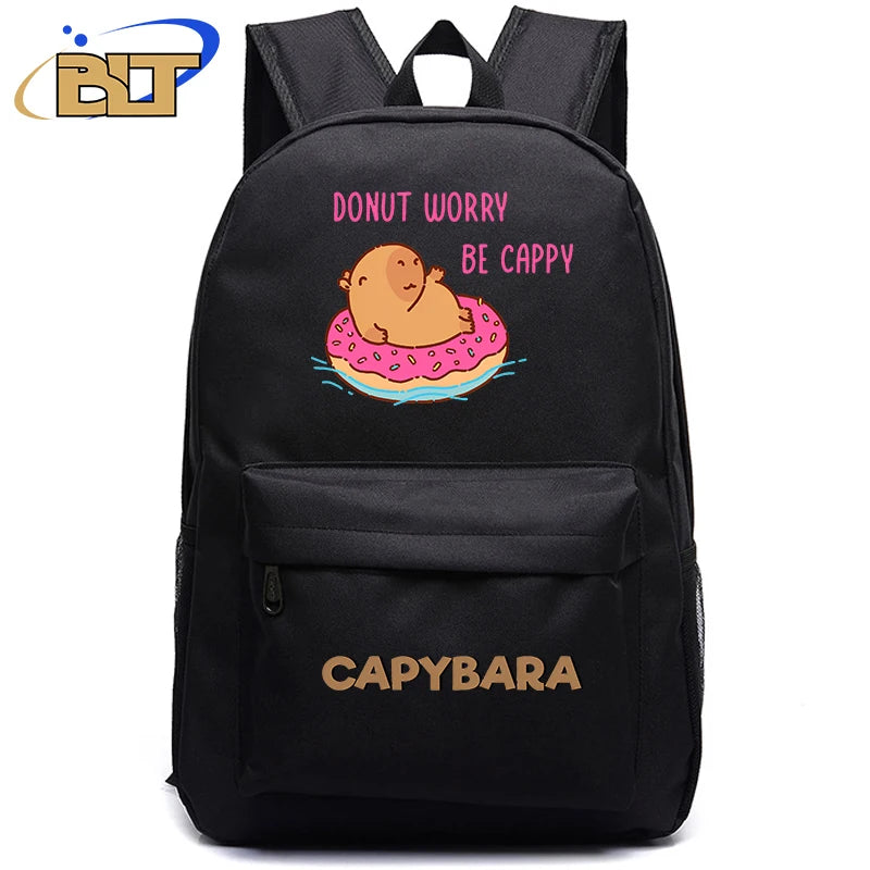 Cute Animal Capybara Print Black Backpack Teenager Student Schoolbag Boys Girls Gift