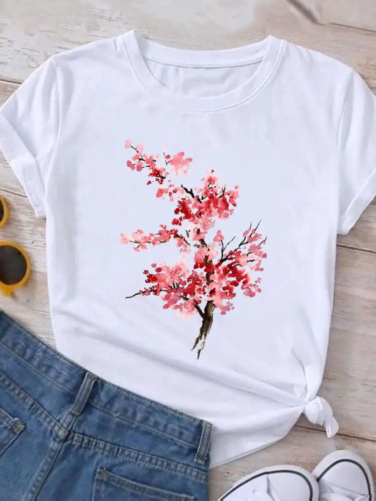 Graphic T Shirt Casual Clothing Summer Short Sleeve Cute Lovely Sweet Flower Women Print Fashion Clothes Tee T-shirt Female Top