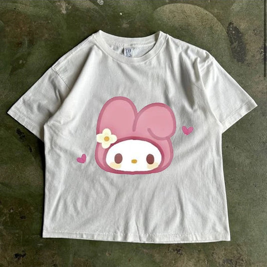 Korean Style Sanrioed Anime T-Shirt Kawaii Cartoon My Melody Print Short Sleeves Summer Casual All-match T-shirt Tops