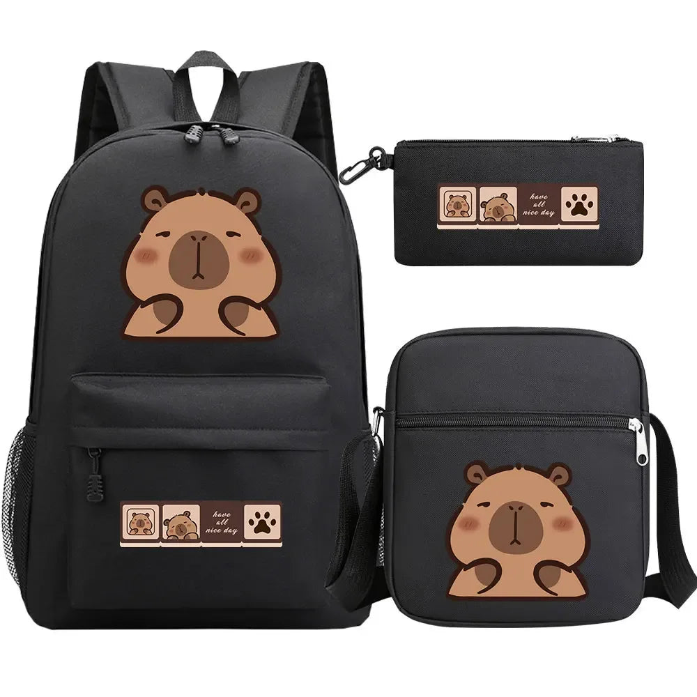 Cute Capybara 3Pcs Boy Girl Kids Back To School Book Bags Travel Student Backpack Shoulder Bag Pen Bags For Men Women