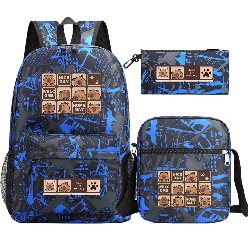 Cute Capybara 3Pcs Boy Girl Kids Back To School Book Bags Travel Student Backpack Shoulder Bag Pen Bags For Men Women