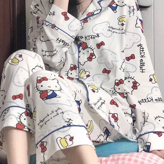 Sanrio Hello Kitty autumn new cute casual cotton pajamas female cartoon animation simple loungewear set