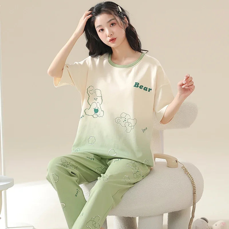 New Pajama Cartoon Cotton Pajamas for Women Summer Short Sleeved Long Pants Sleepwear Korean Fashion Rabbit Print Home Clothing