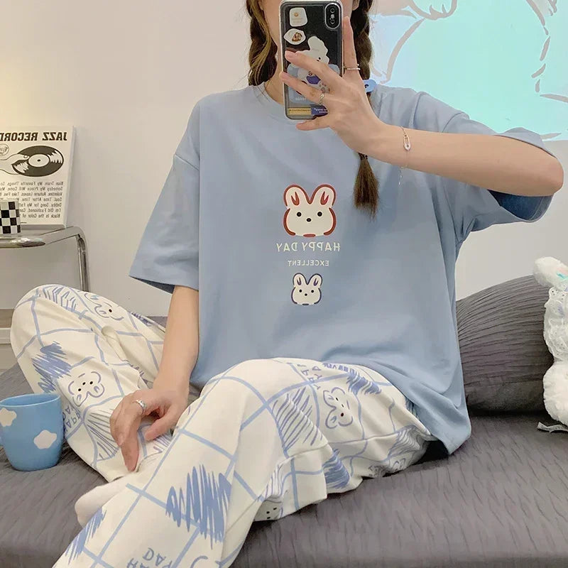 New Pajama Cartoon Cotton Pajamas for Women Summer Short Sleeved Long Pants Sleepwear Korean Fashion Rabbit Print Home Clothing