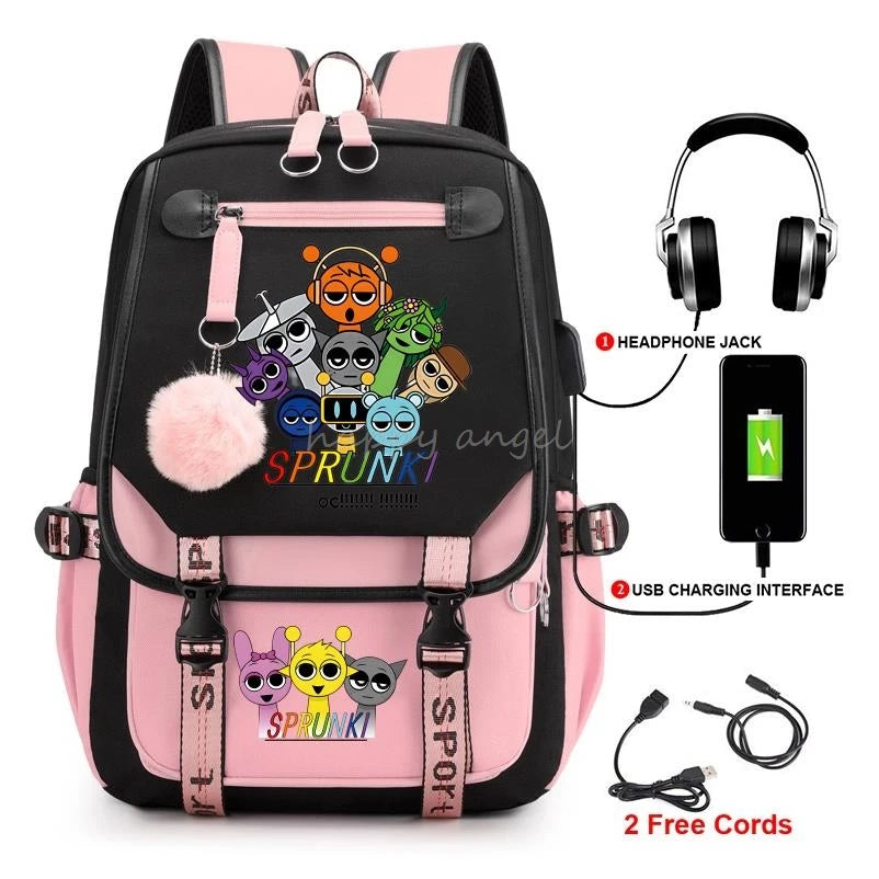 Hot Fashion New Sprunki USB Charging Bookbag Women Back Pack Laptop School Bags for Teenage Girls Boys Schoolbag Best Gift