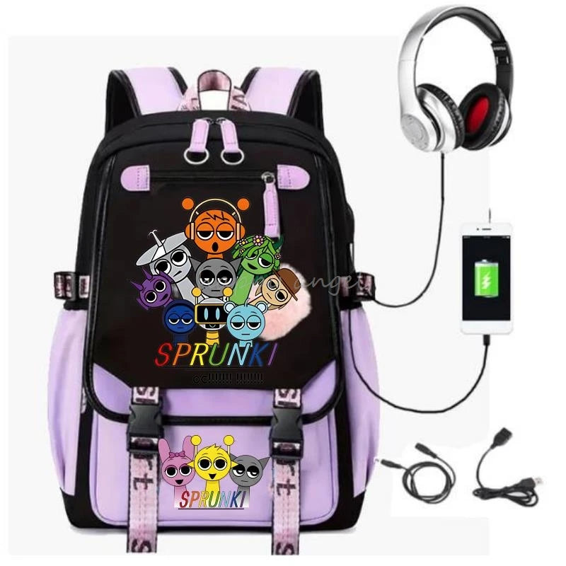 Hot Fashion New Sprunki USB Charging Bookbag Women Back Pack Laptop School Bags for Teenage Girls Boys Schoolbag Best Gift