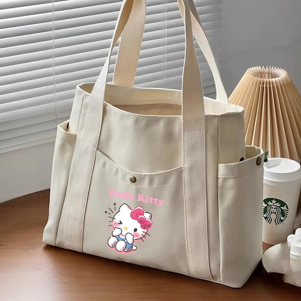 Hello Kitty Large Capacity Canvas Tote Bags Work Commuting Carrying Bag College Style Student Outfit Book Shoulder Shopping Bag