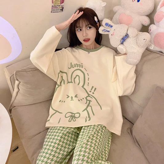 Women's Nightwear Plus Size Cartoon Bear Student Pajamas Homewear Ladies Long Sleeves Plaid Long Trousers Sleepwear Loungewear