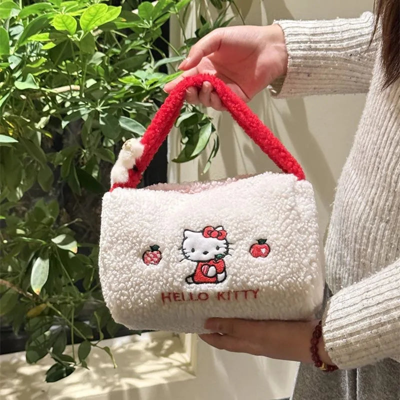 2025 New Cute Hello Kitty Lamb Hair Handbag Girly Heart Large Capacity Embroidered Bucket Bag Portable Cosmetic Bag Storage Bag