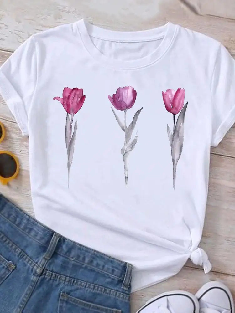 Graphic T Shirt Casual Clothing Summer Short Sleeve Cute Lovely Sweet Flower Women Print Fashion Clothes Tee T-shirt Female Top