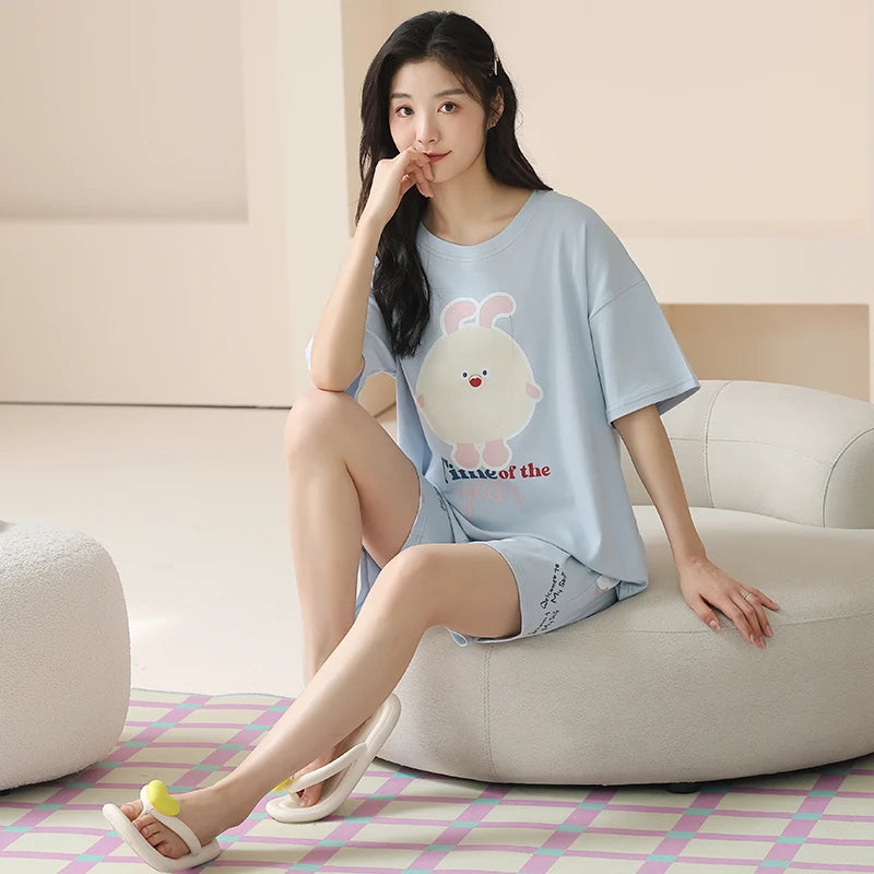 100% Cotton Pajamas for Women Short Sleeved High Quality Pijamas Loose Size Summer Pyjamas Cute Bear Print Women's Nightwear