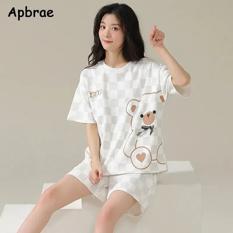 100% Cotton Pajamas for Women Short Sleeved High Quality Pijamas Loose Size Summer Pyjamas Cute Bear Print Women's Nightwear