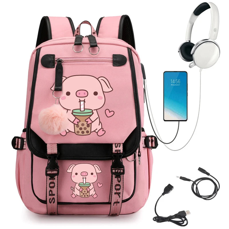 Women Fashion Backpack Female Waterproof Back Bag Pig Boba Tea Cartoon School Backpack for Girl Student Schoolbag Usb Charging