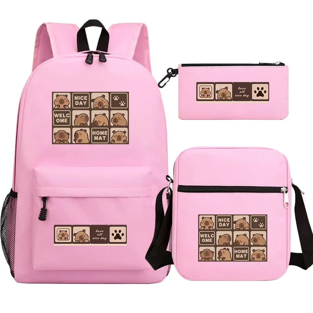 Cute Capybara 3Pcs Boy Girl Kids Back To School Book Bags Travel Student Backpack Shoulder Bag Pen Bags For Men Women