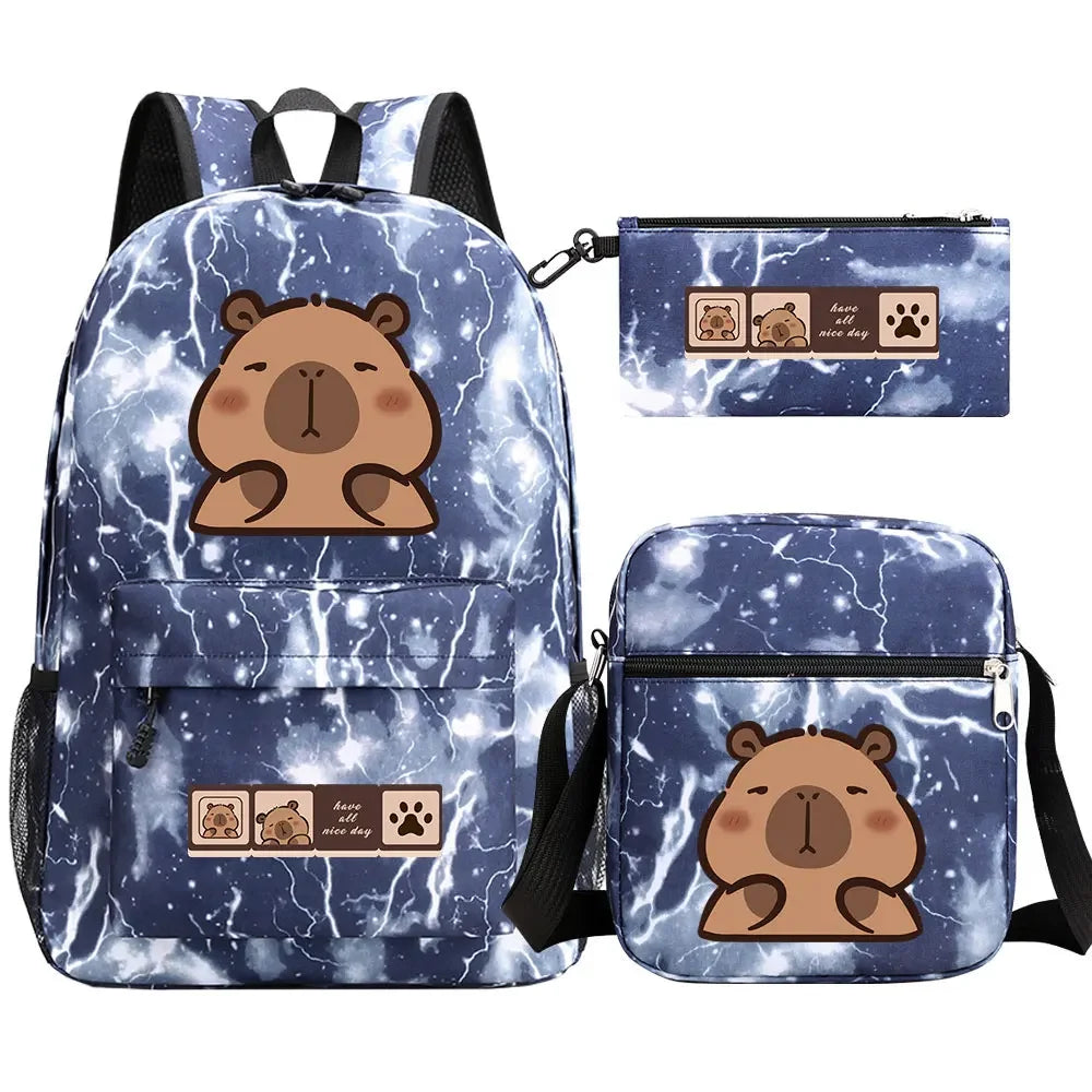 Cute Capybara 3Pcs Boy Girl Kids Back To School Book Bags Travel Student Backpack Shoulder Bag Pen Bags For Men Women