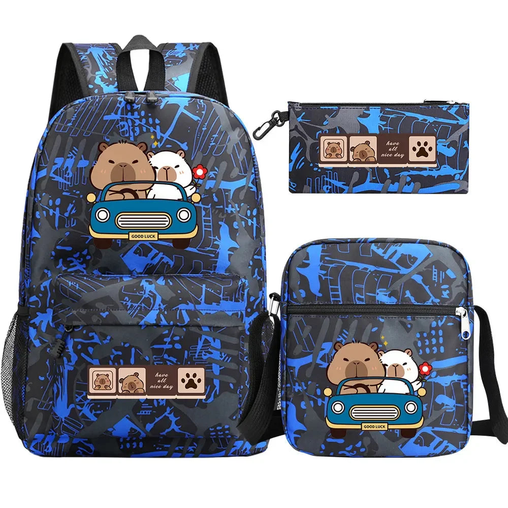 Cute Capybara 3Pcs Boy Girl Kids Back To School Book Bags Travel Student Backpack Shoulder Bag Pen Bags For Men Women