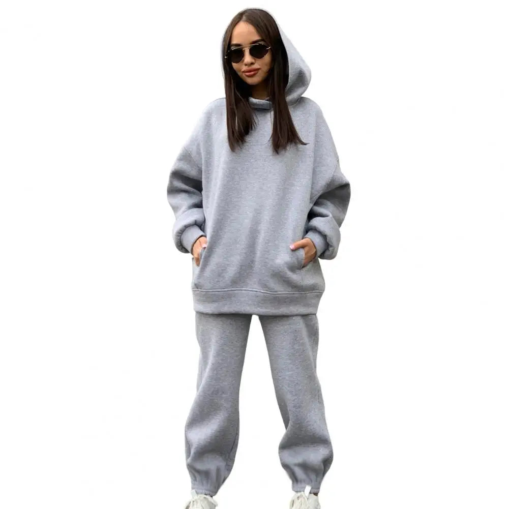 Trendy Lady Hoodie Pants Set Sporty Winter Hoodie Pants Set Elastic Waist Deep Crotch Women Autumn Tracksuit Thermal