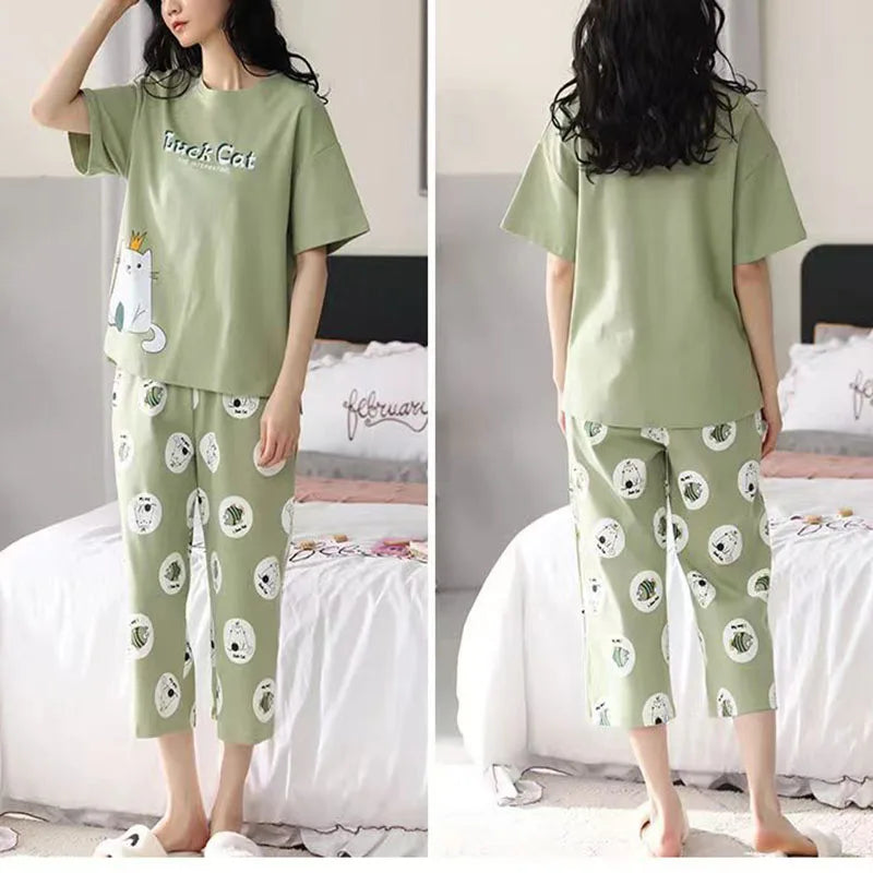 Women Pajamas Sets Plus Size Summer Silk Sleepwear Ladies Thin Short-Sleeved Seven Pants O-Neck Casual Cat Home Wear Night Wear