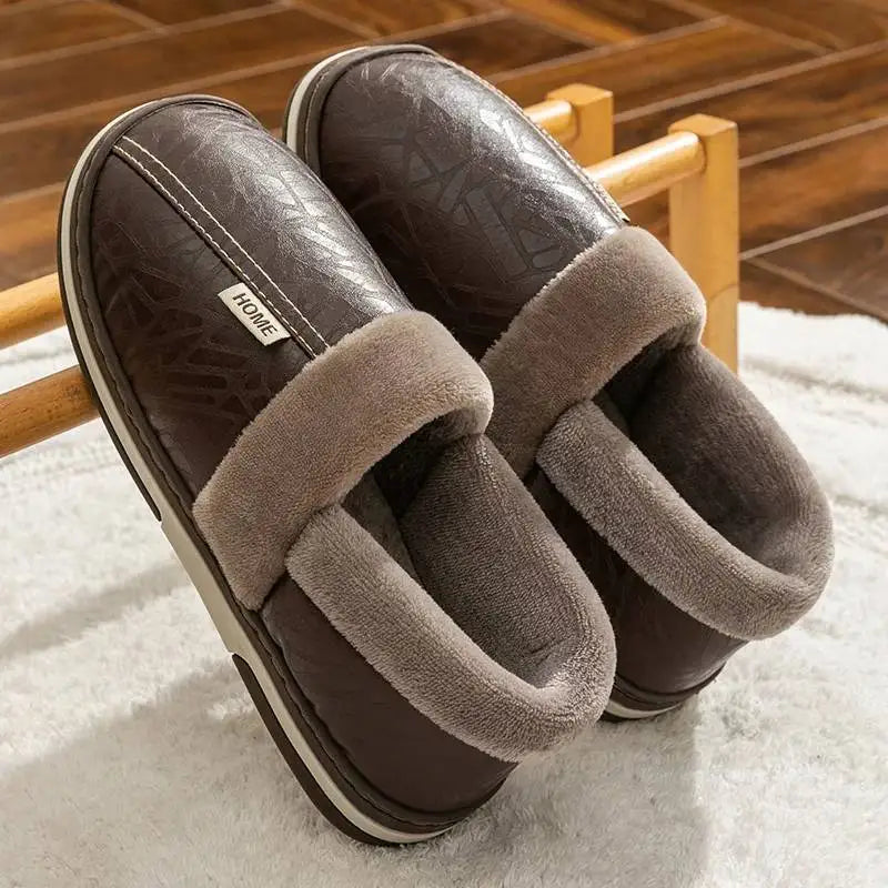 Men's Home Winter Slippers Home Warm Shoes Thick Bottom Plush Waterproof PU Leather Home Couples Cotton Flat Couple Shoes