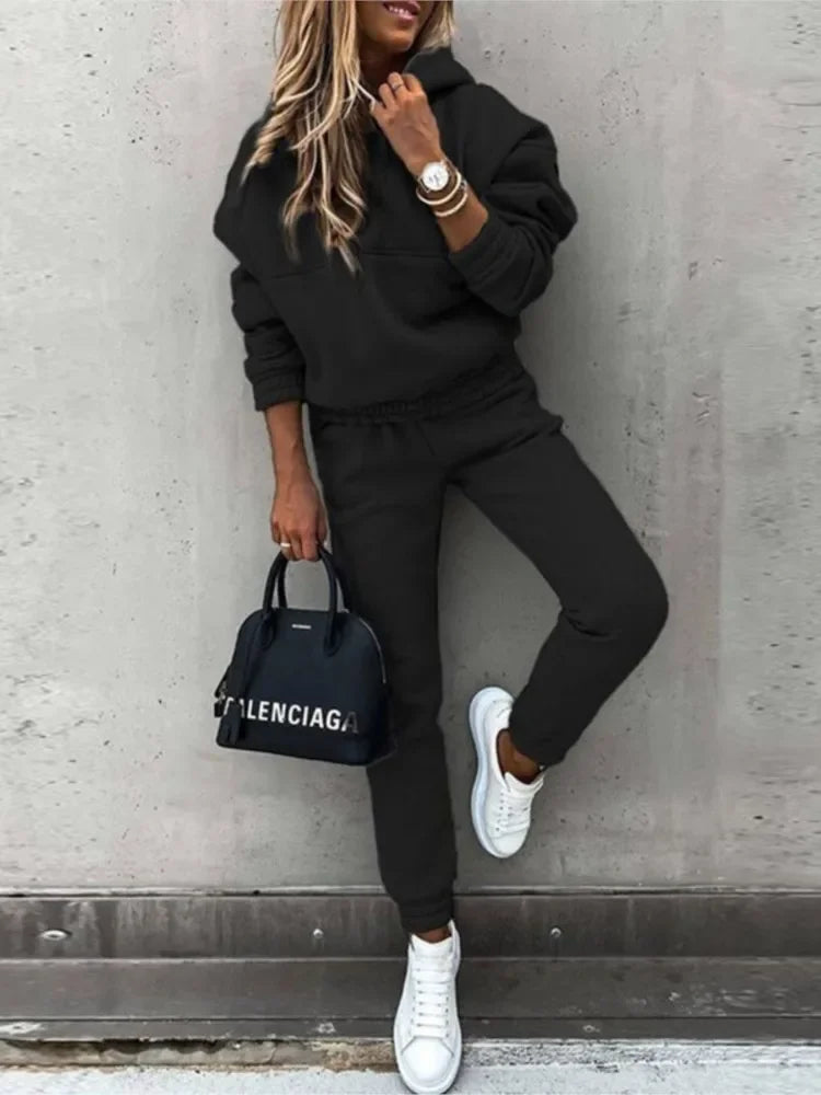 Autumn Winter New Solid Color Long Sleeve Hoodie Women's Casual Suit Fashion Loose Sports Hoodie + Small Foot Pants 2 Piece Set