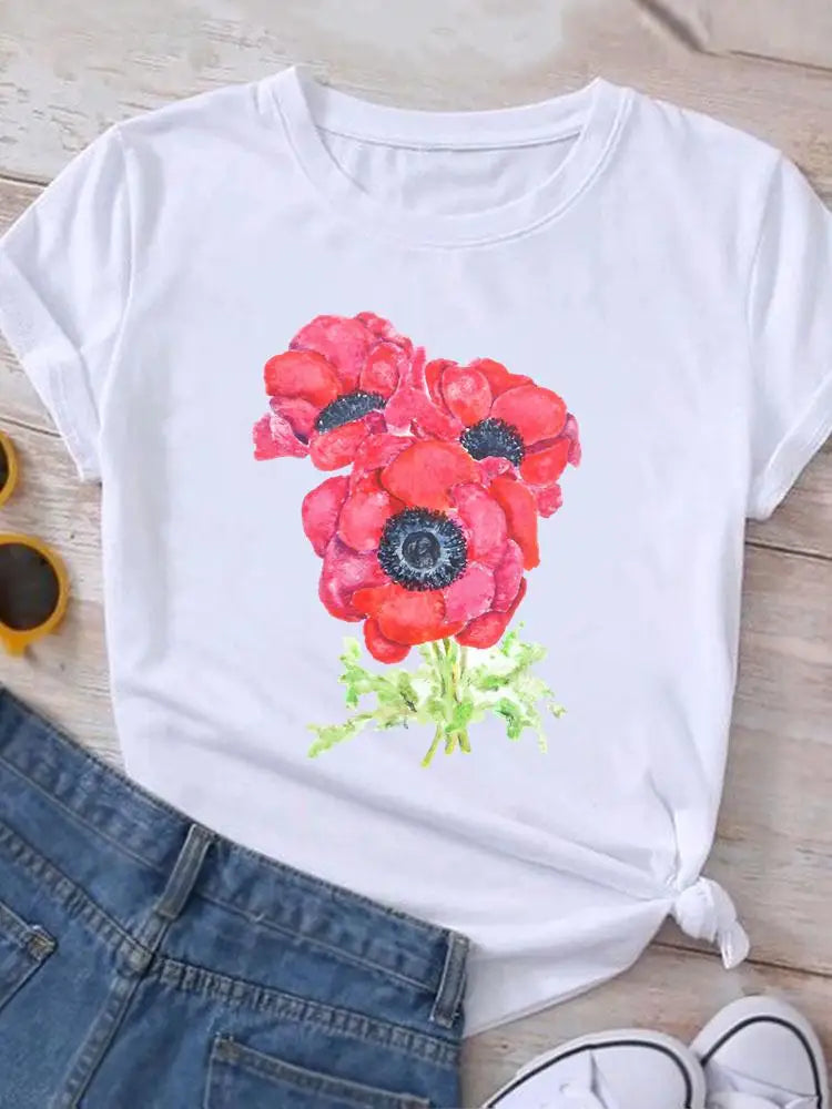 Graphic T Shirt Casual Clothing Summer Short Sleeve Cute Lovely Sweet Flower Women Print Fashion Clothes Tee T-shirt Female Top