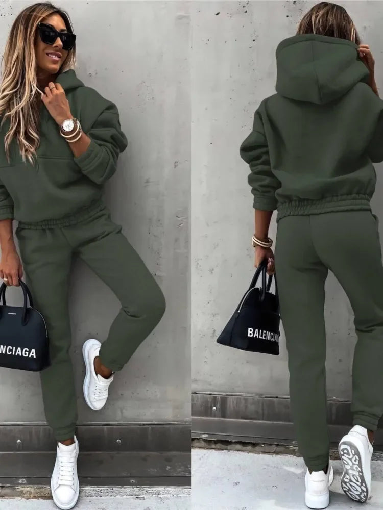 Autumn Winter New Solid Color Long Sleeve Hoodie Women's Casual Suit Fashion Loose Sports Hoodie + Small Foot Pants 2 Piece Set