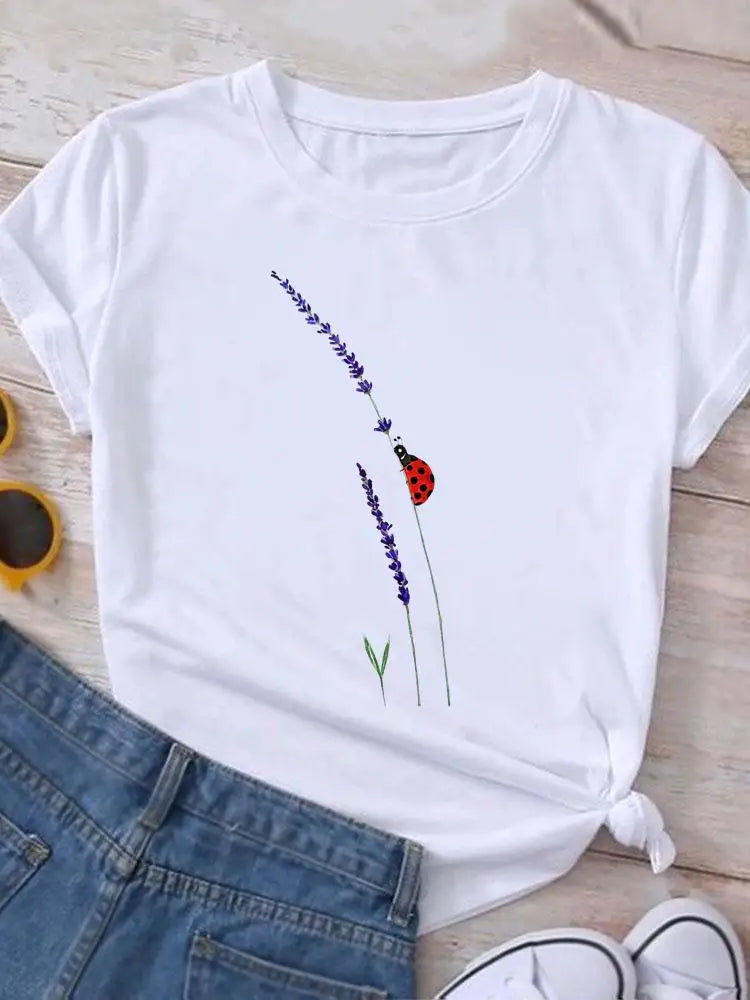 Graphic T Shirt Casual Clothing Summer Short Sleeve Cute Lovely Sweet Flower Women Print Fashion Clothes Tee T-shirt Female Top